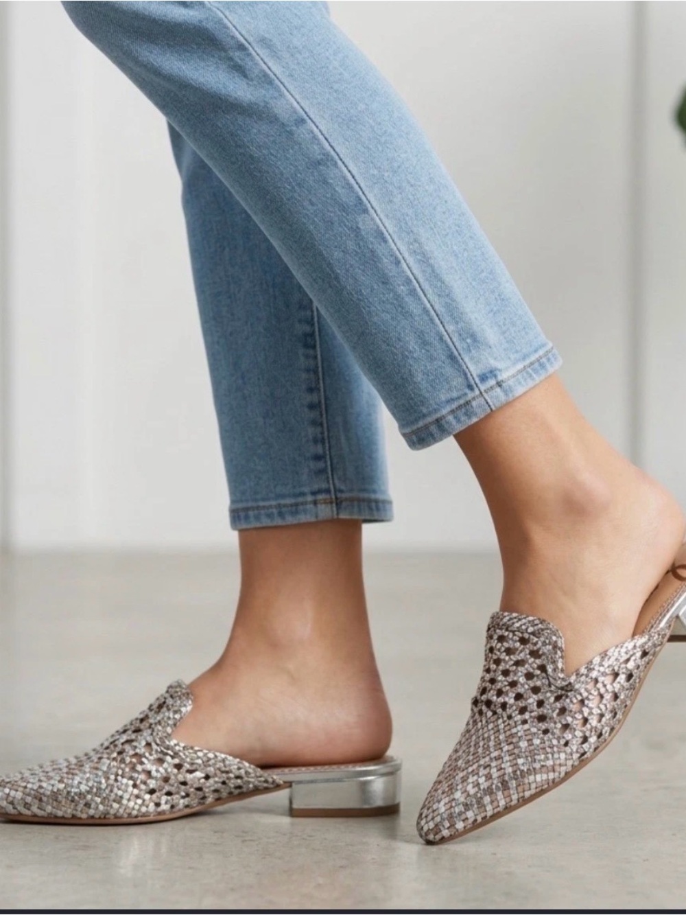 Sam Edelman Clara Silver Leather Upper Woven Metallic Slip-On Mules